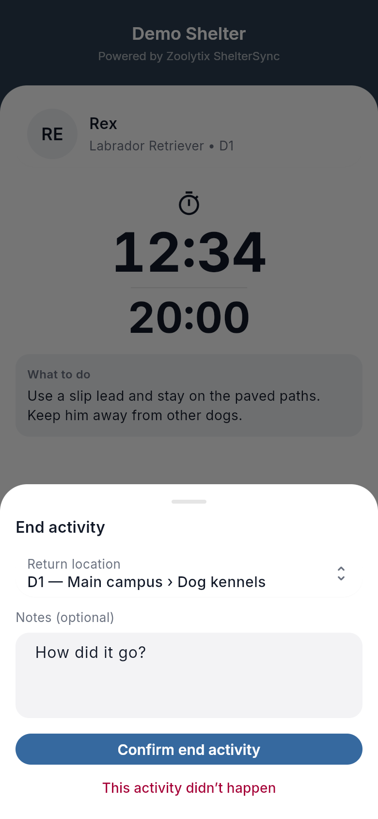 The End activity sheet over the timer: Return location is filled in as D1, with a Notes (optional) box, Confirm end activity and This activity didn’t happen