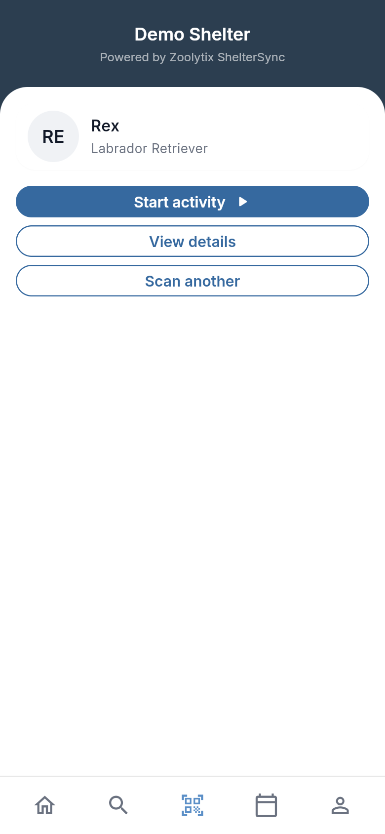 After a scan: a card for Rex, a Labrador Retriever, with Start activity, View details and Scan another