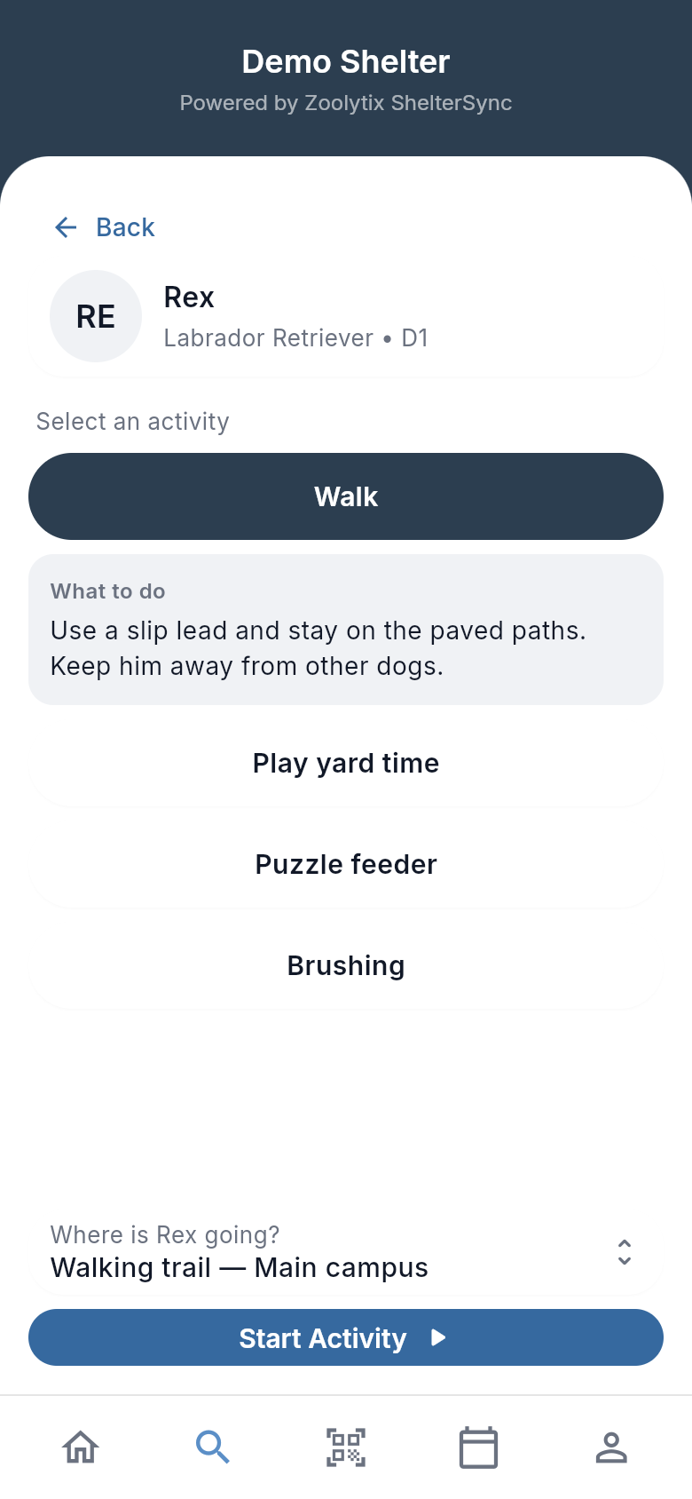 The Start activity screen for Rex: Walk is chosen, its What to do note is open, and Walking trail is chosen under Where is Rex going?, just above Start Activity