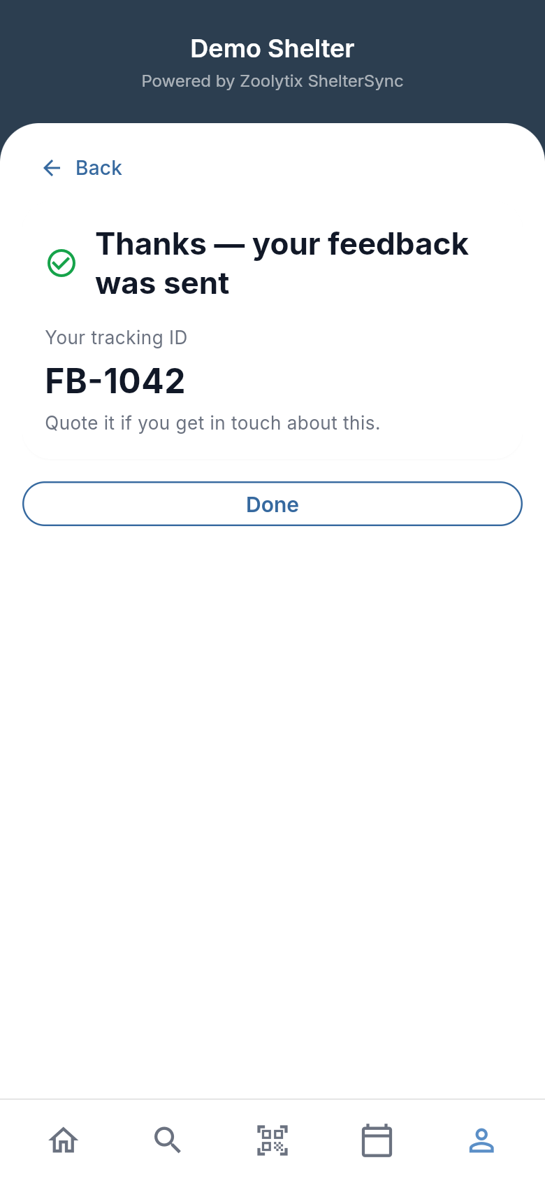 Feedback sent, showing its tracking ID
