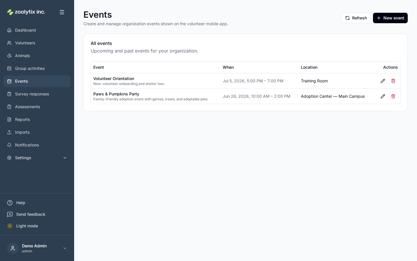 The Events page
