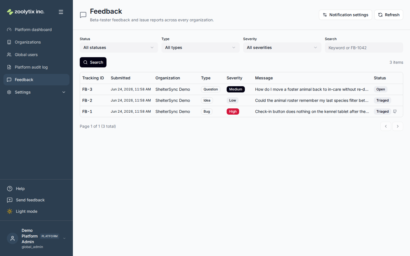 The platform Feedback page