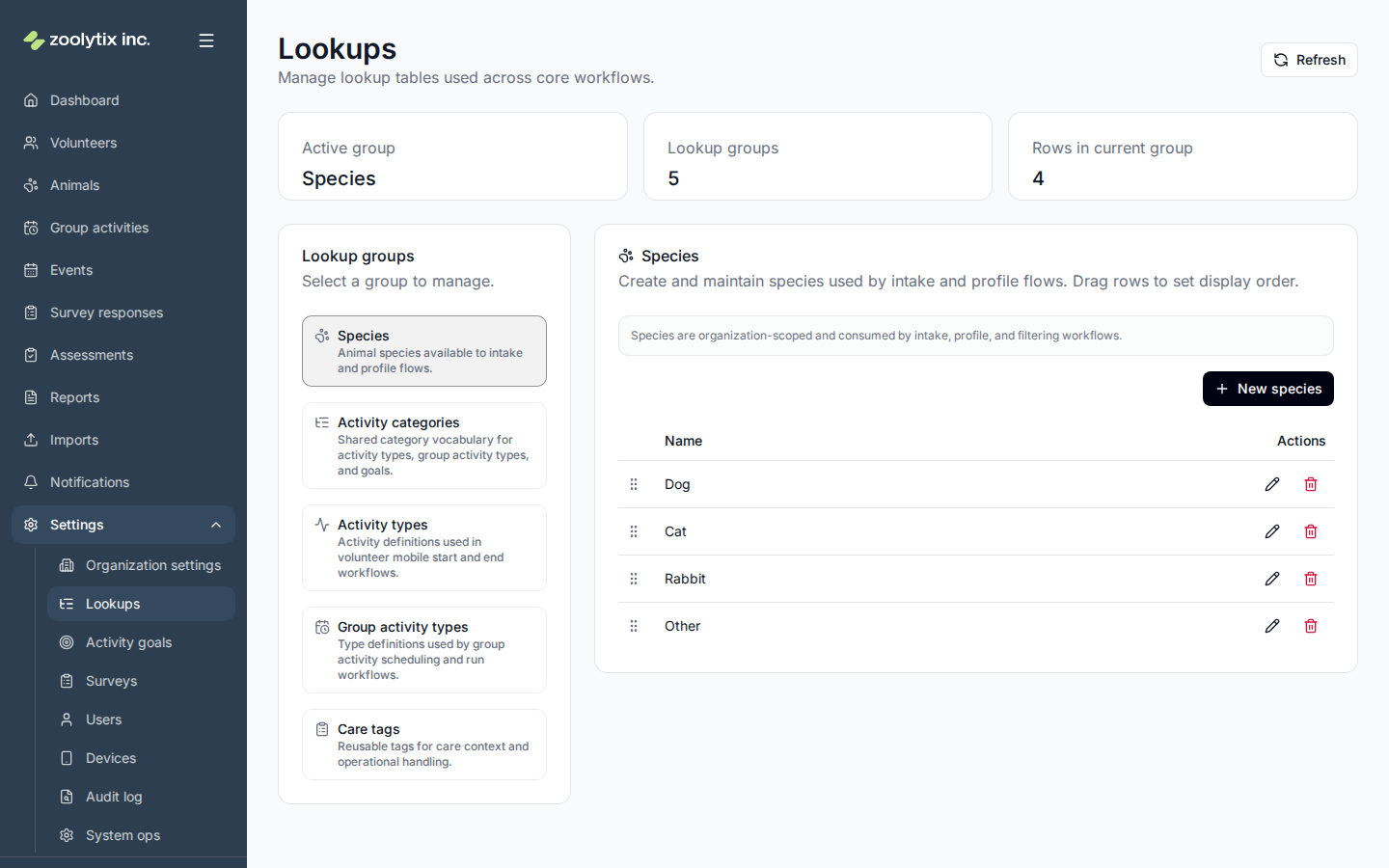 The Lookups page